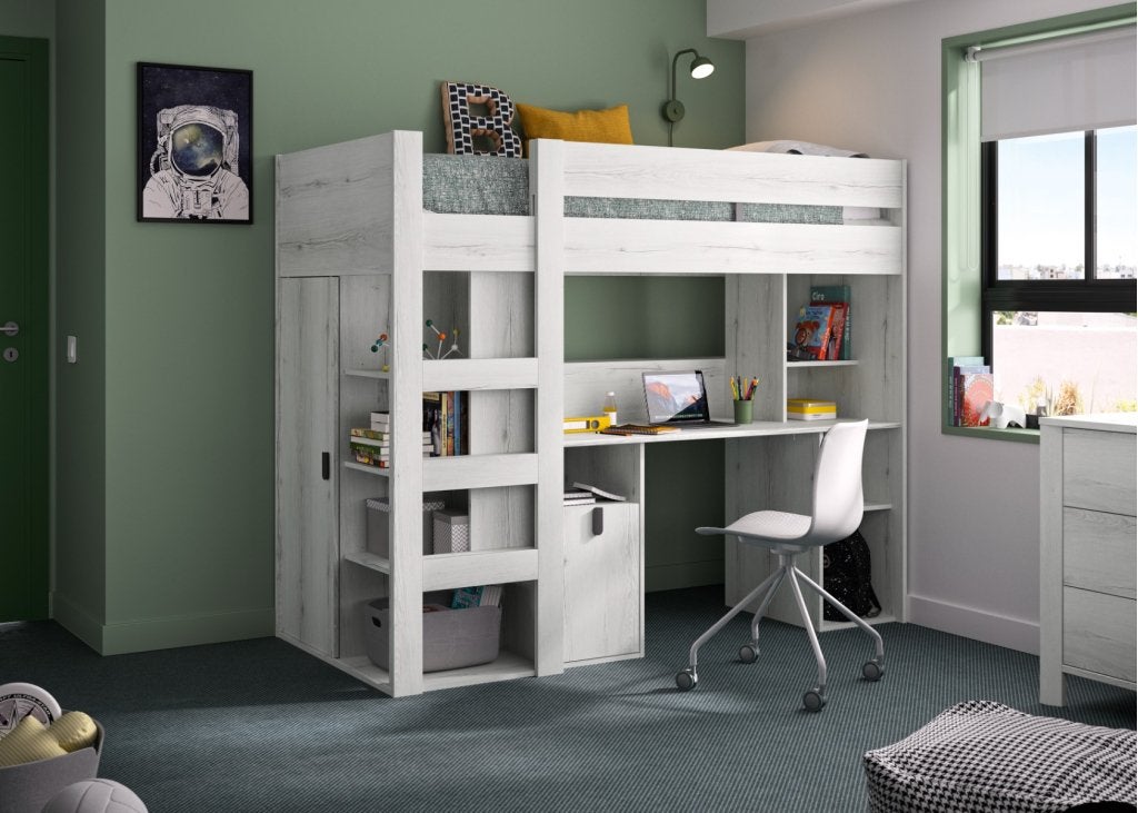 Lugano hoogslaper met bureau - 90x200 - Wit eiken, Niet ingevuld, Niet ingevuld, Niet ingevuld