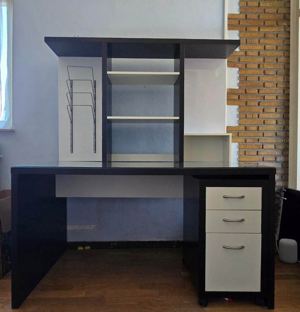 Bureau met opzetstuk en ladeblok - Zwart/Wit, Ophalen, Zwart, Gebruikt, Spaanplaat of MDF