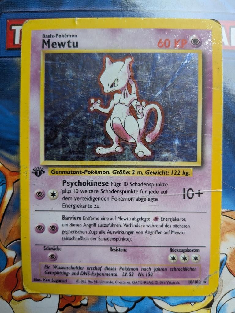Mewtu First Edition Pokémon TCG Wizards of the Coast 1999, Ophalen of Verzenden, Gebruikt, Losse kaart, Foil