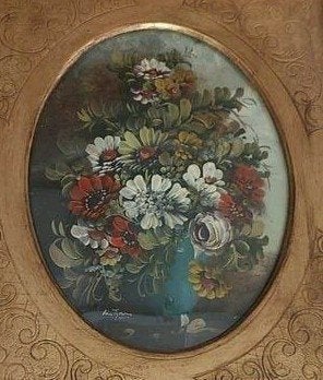 Ovaal bloemstilleven in sierlijke lijst (Van Thoren), Antiek en Kunst, Bloemen, Paneel, Ophalen of Verzenden, Klassiek