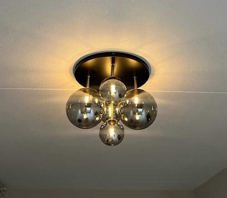 Straluma plafondlamp 5 bollen smoke glas en messing, Inclusief lichtbron, Modern, Zwart, Overige fittingen