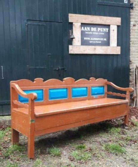 Oude brocante houten bank klepbank tuinbank, Tuin en Terras, Gebruikt, T, Ophalen of Verzenden, N