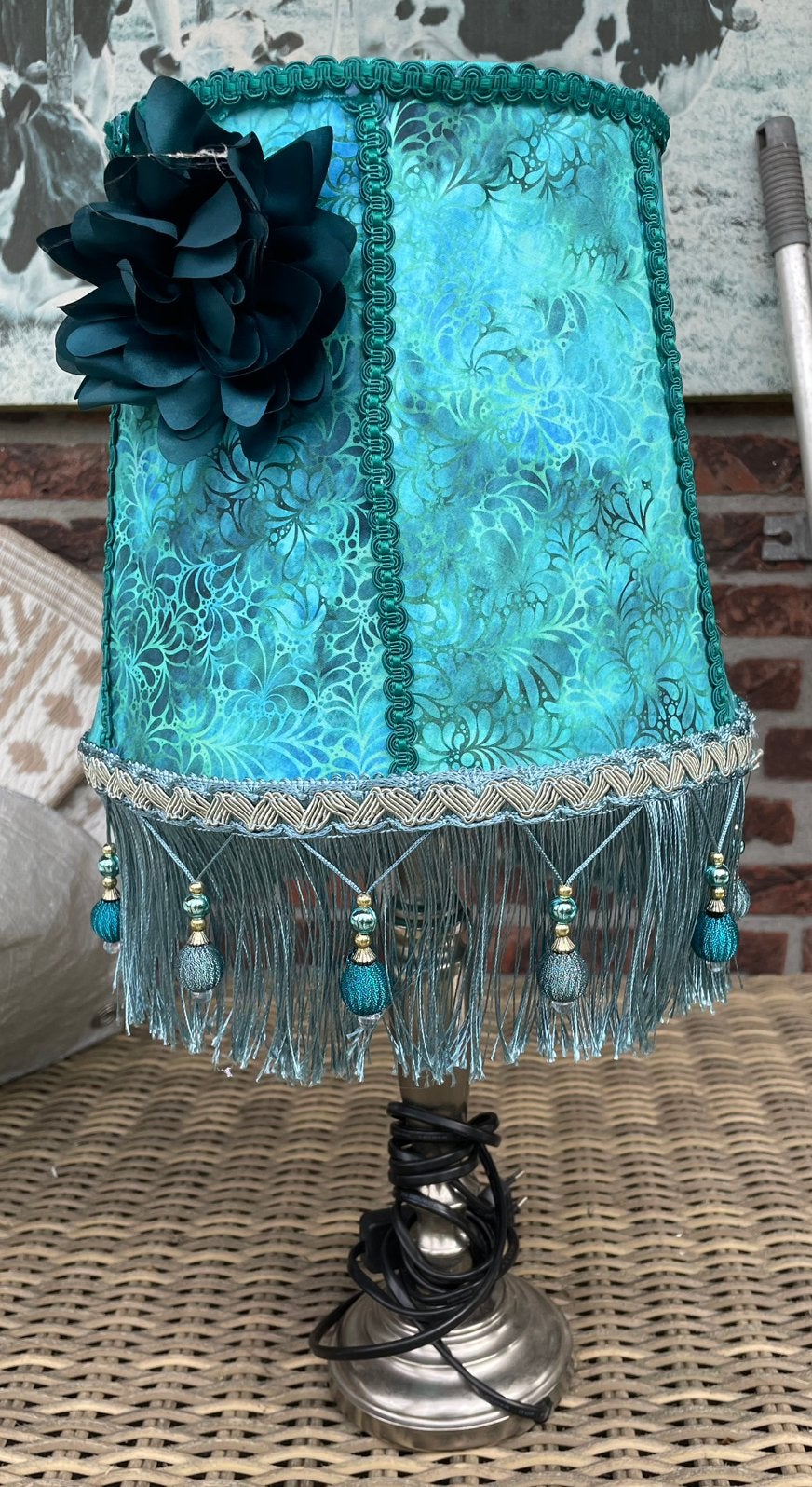 Vintage Tafellamp Oceaanblauw |Handgemaakte Kap met Kwastjes, Ophalen