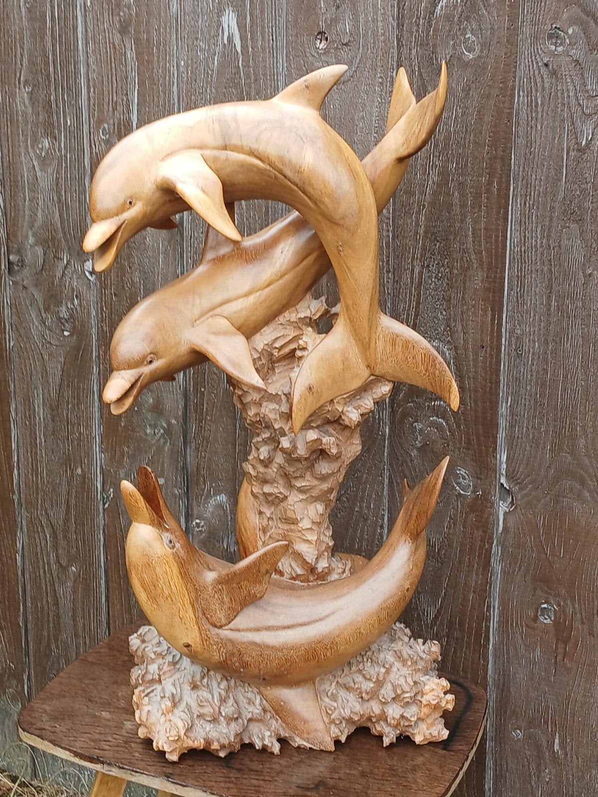 Houten dolfijnen sculptuur - Handgesneden 90 hoog., Ophalen of Verzenden