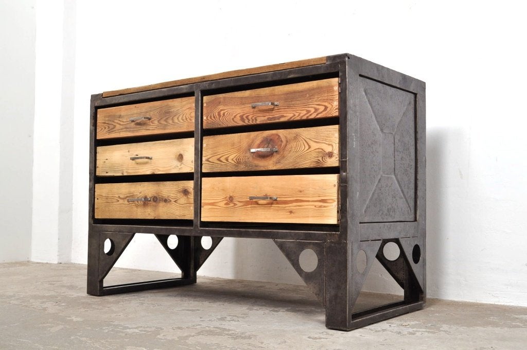 Vintage industriële werkbank ladekast dressoir kookeiland, Overige houtsoorten, Gebruikt, 100 tot 150 cm, 5 laden of meer