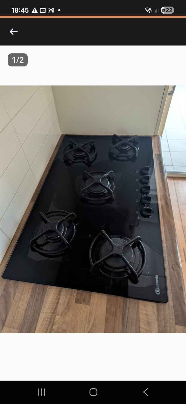 Bauknecht gasfornuis, 5-pits, zwart glas, Gebruikt, Ophalen of Verzenden, Inbouw, Gas