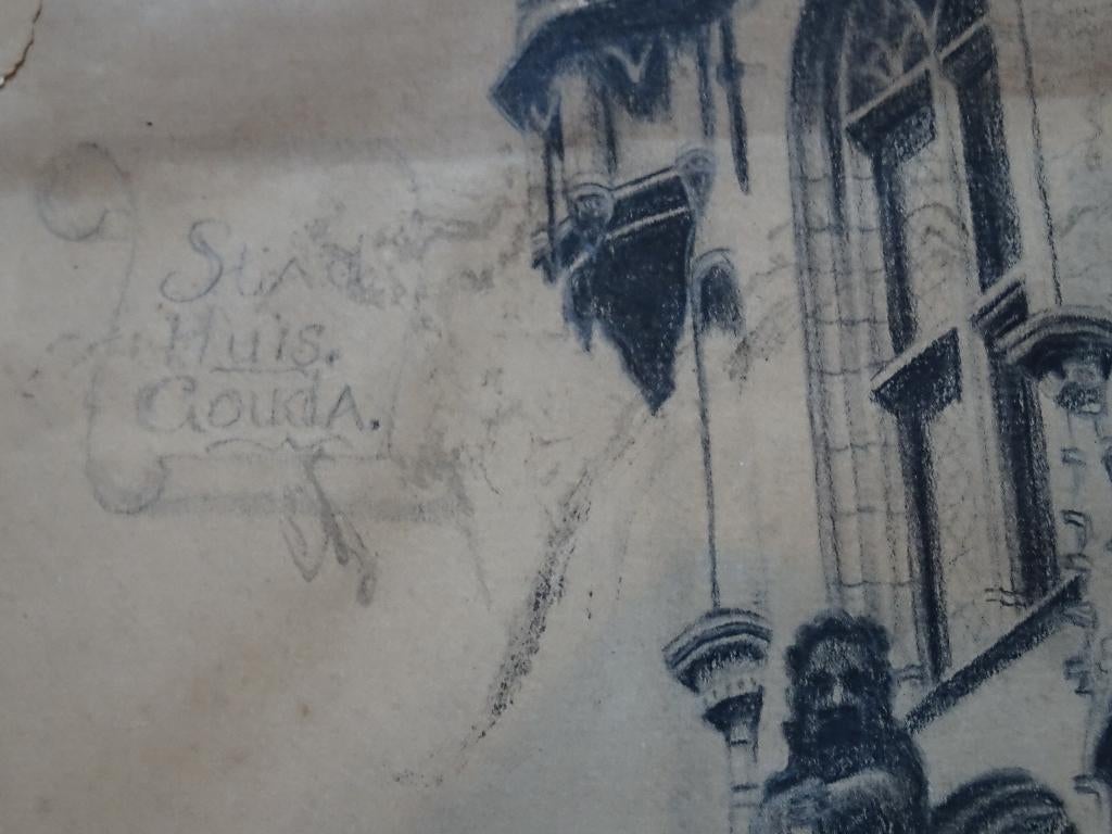 potlood tekening trappen stadhuis Gouda maker tijd onbekend, Antiek en Kunst, Verzenden