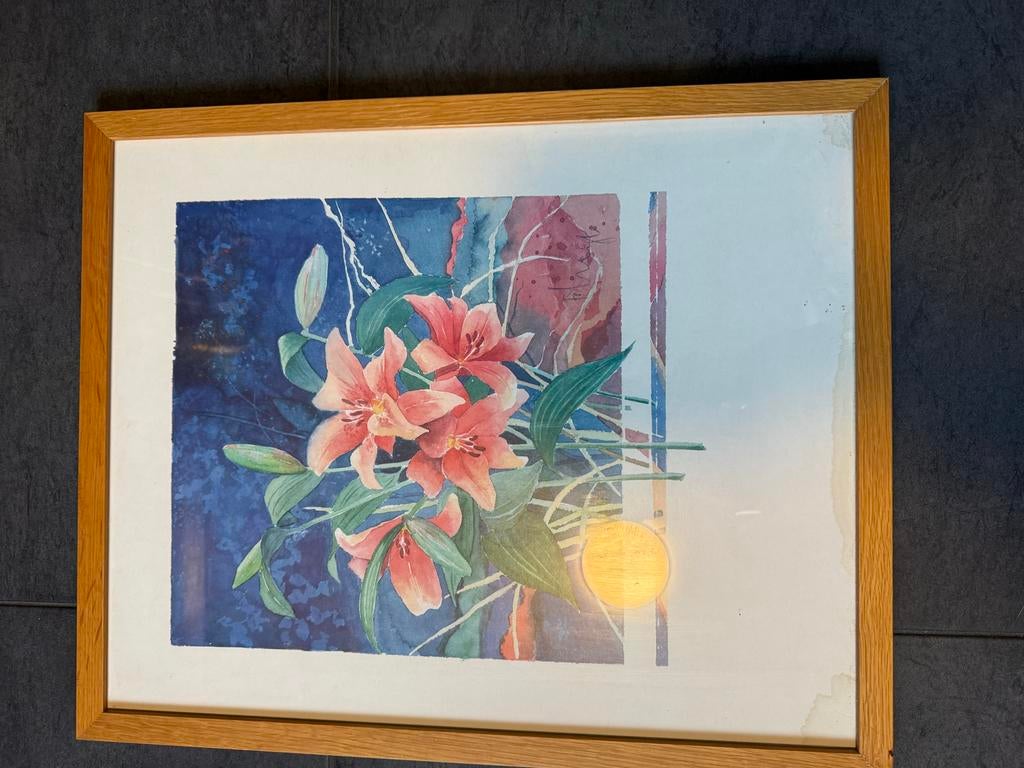 Aquarel met bloemen in lijst, Ophalen of Verzenden