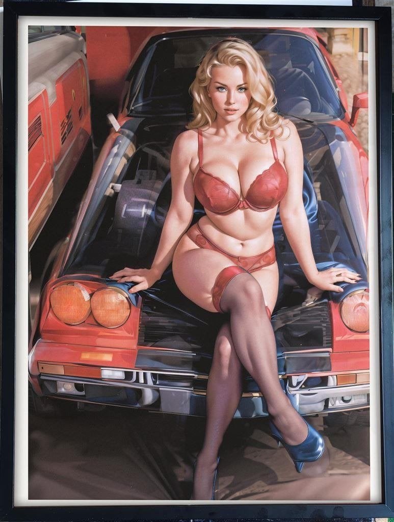 Sexy Blond Lingerie Pin up girl Classic Car Poster in Lijst, Verzenden, Nieuw, Auto's