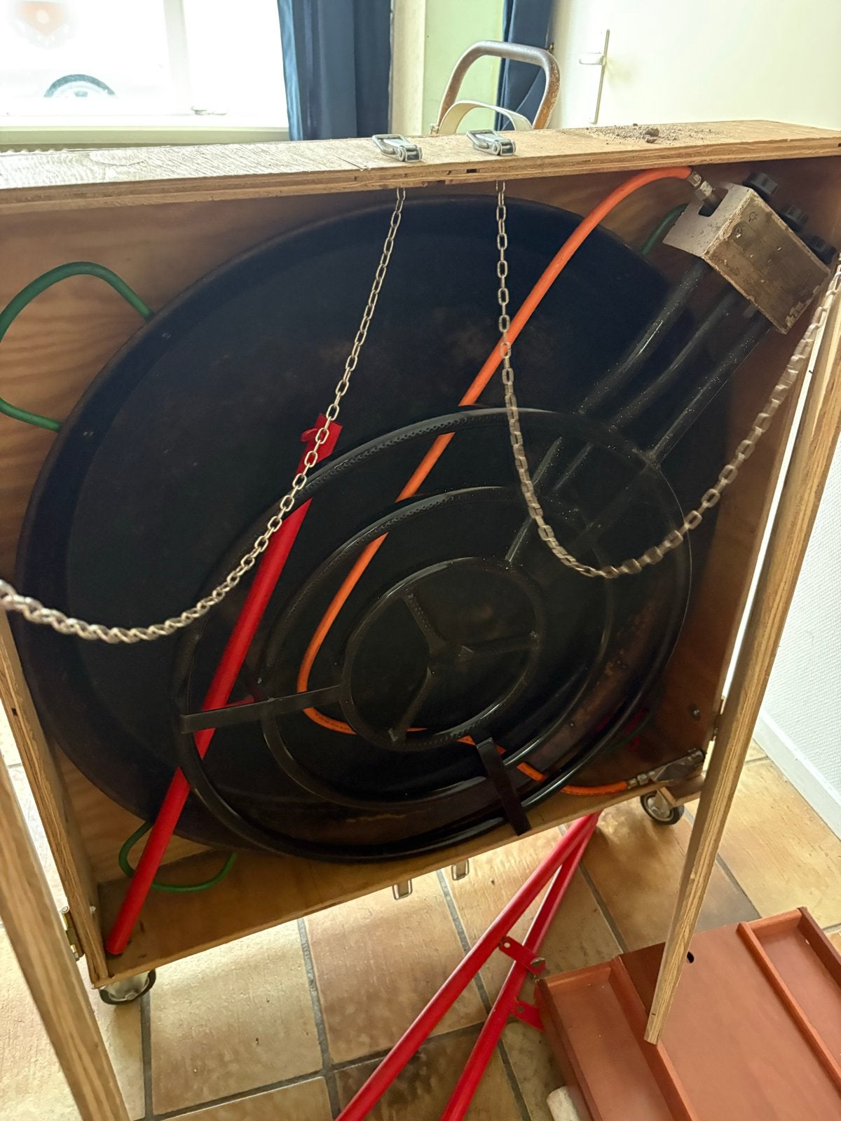 Paella pan met brander in houten kist, Tuin en Terras, Ophalen, Gebruikt