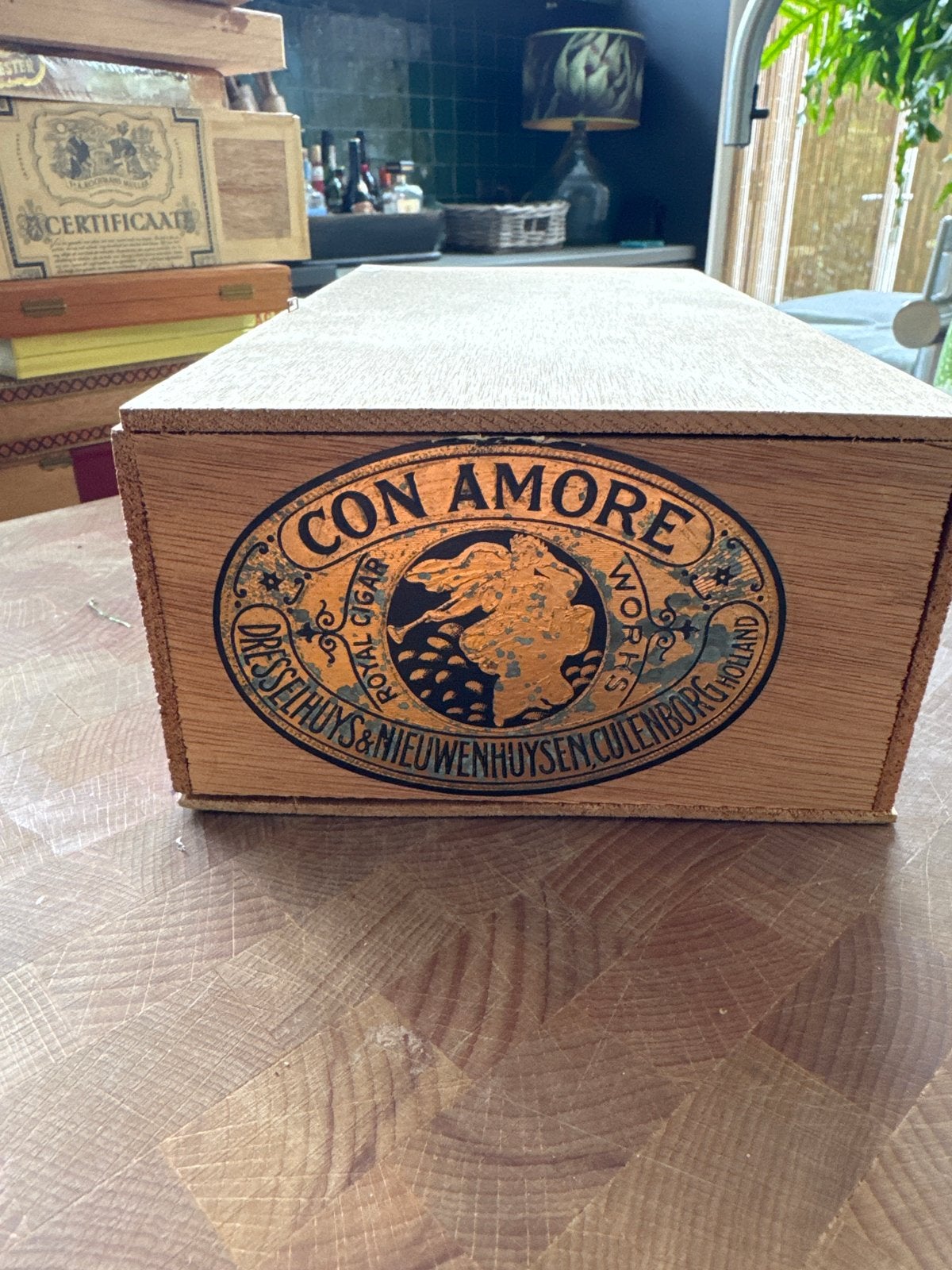 Vintage Sigarenkistje 'Con Amore' met 50 Sigaren Naturel, Ophalen, Gebruikt, Tabaksdoos of Verpakking