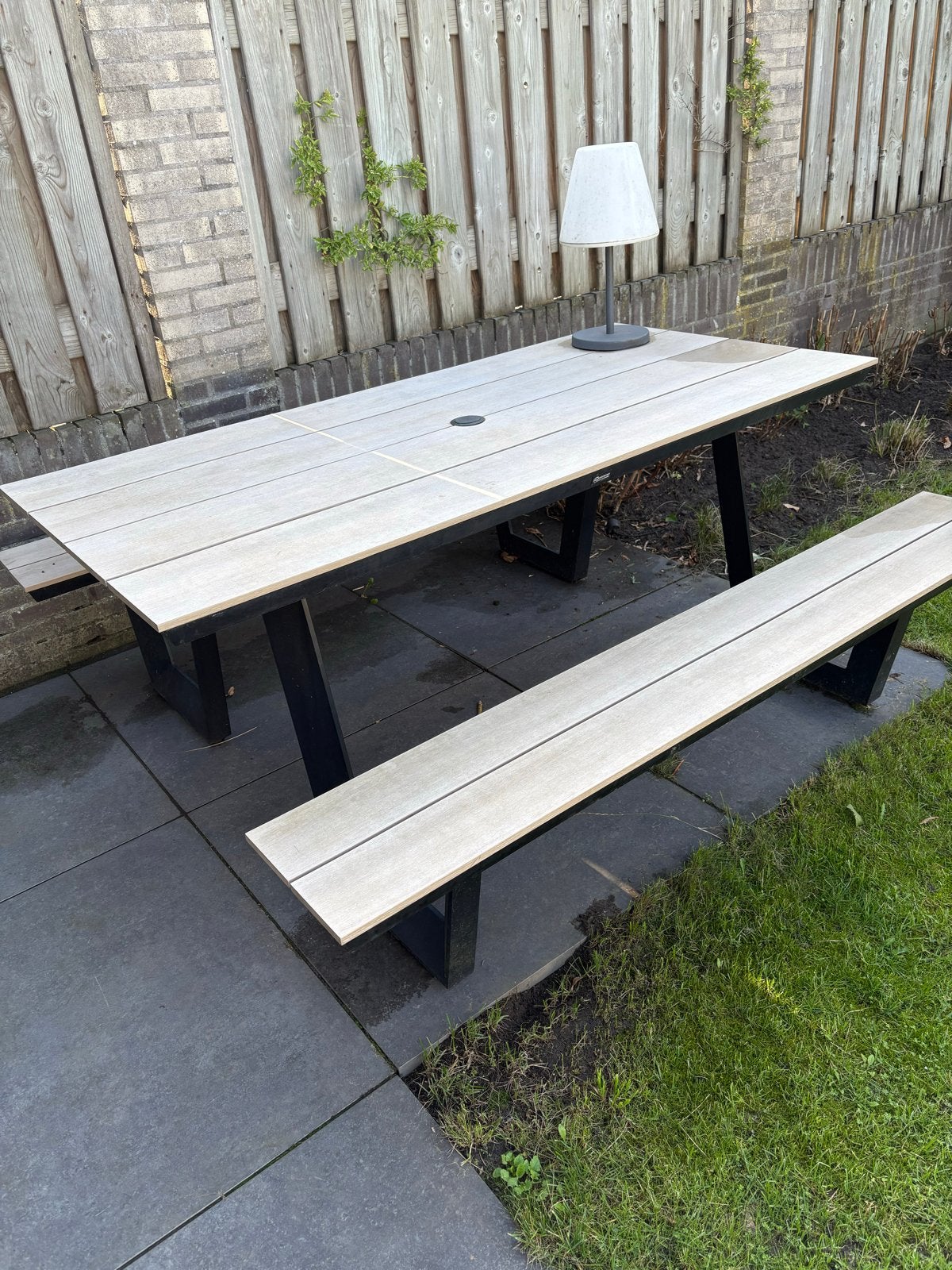 Picknicktafel zwart aluminium met polywood, Tuin en Terras, Ophalen, Gebruikt, 6 zitplaatsen, Aluminium