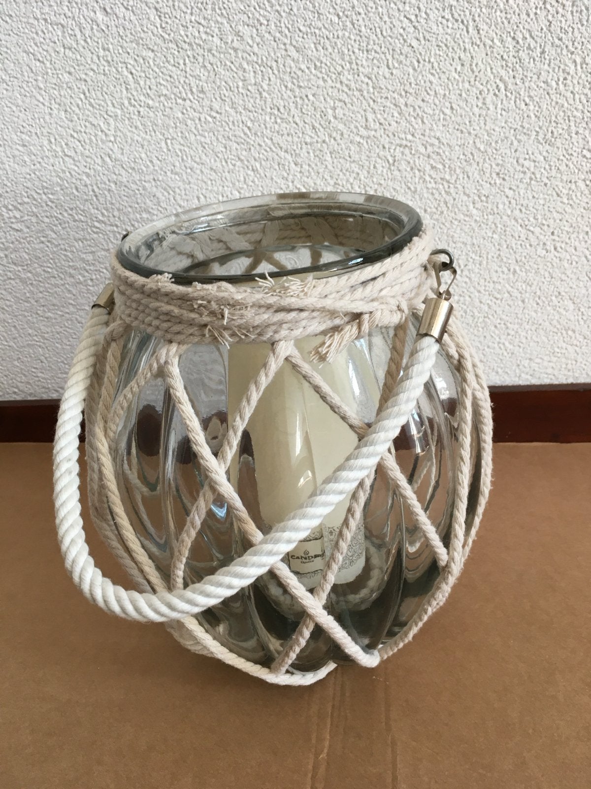 Windlicht met touw en kaars, Windlicht, Ophalen of Verzenden, Crème, Glas
