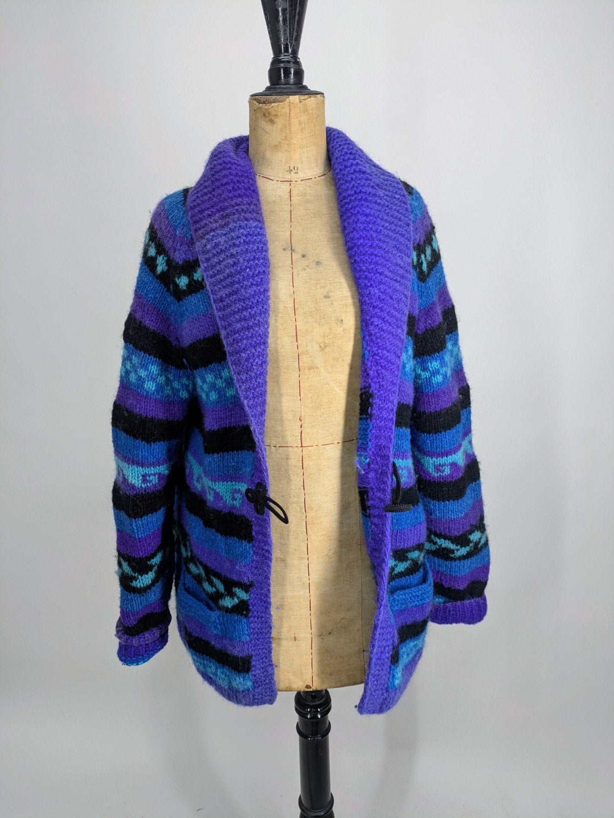 Vintage handgebreid wollen Vest - Paars, Blauw, Zwart, Maat 38/40 (M), Blauw, Onbekend, Ophalen of Verzenden