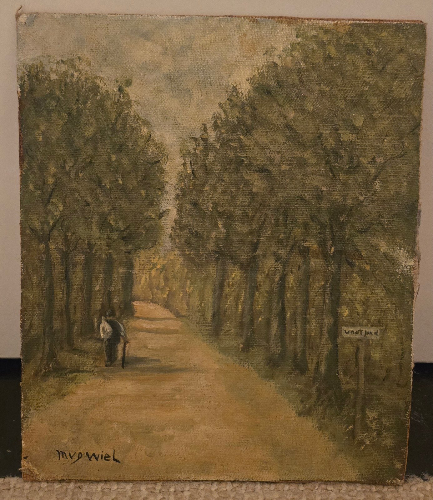 Schilderij M. v.d. Wiel - Landweg met figuur, Antiek en Kunst, Ophalen of Verzenden, Gesigneerd, Landschap