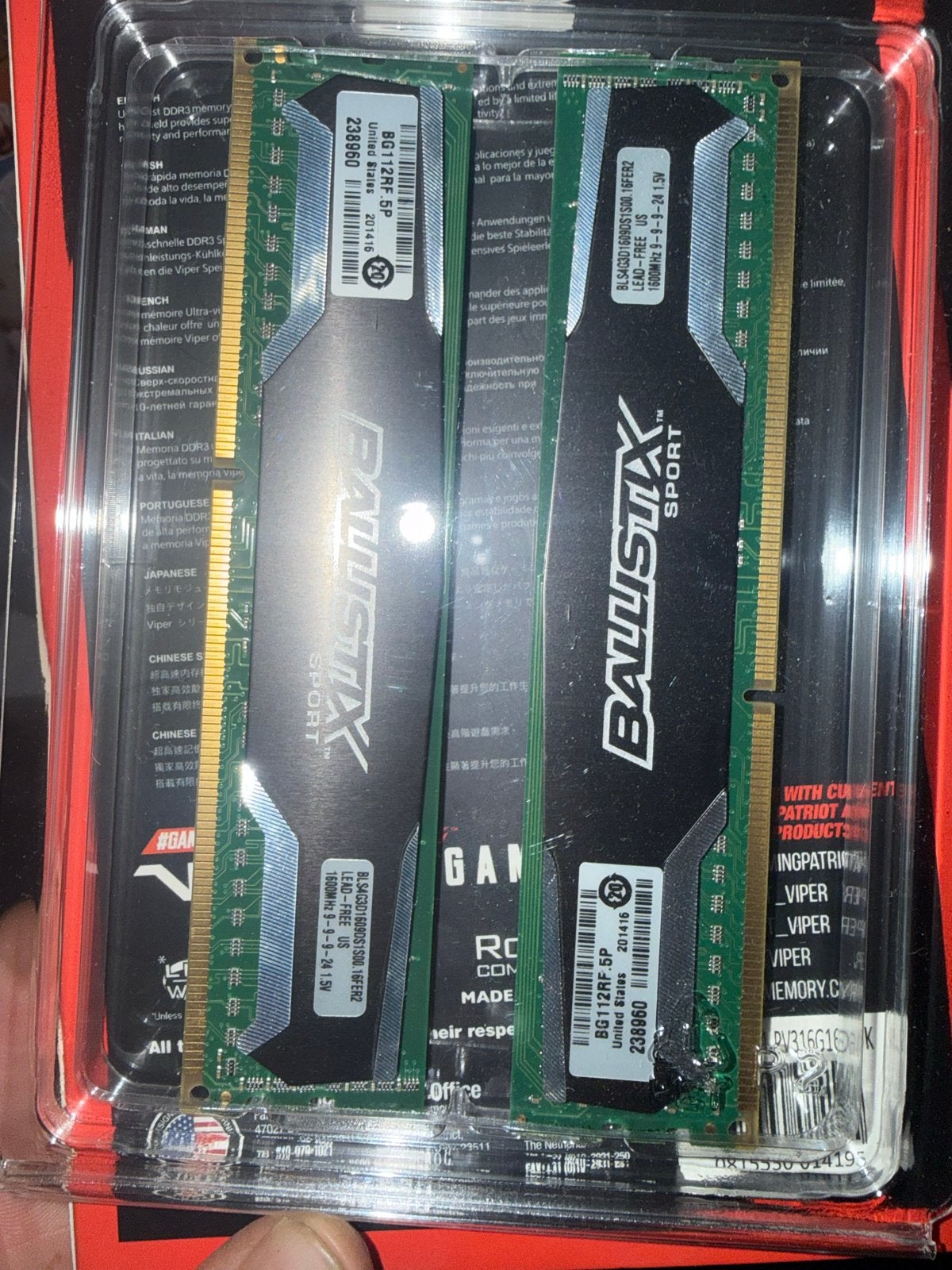 Ballistix Sport DDR3 RAM 8GB (2x4GB) 1600MHz, 8 GB, DDR3, Ophalen of Verzenden, Zo goed als nieuw