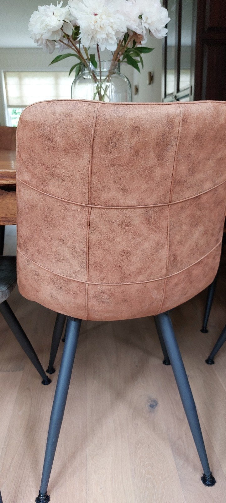 Set van 6 eettafelstoelen cognac en groen, Ophalen, Minder dan 50 cm, Gebruikt, 50 tot 75 cm