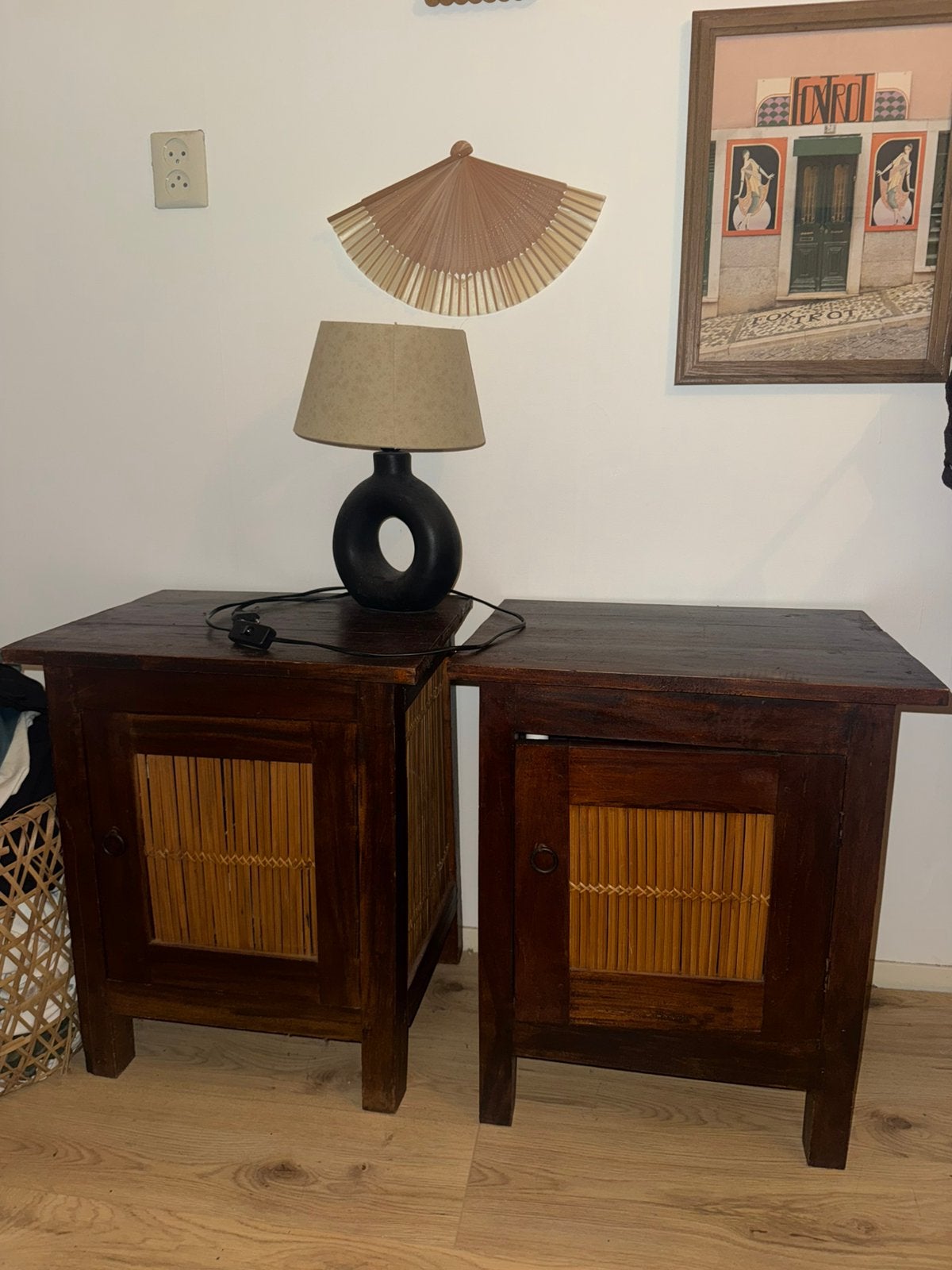 Twee nachtkastjes vintage bruin scandinavisch japandi rotan, Ophalen, Zo goed als nieuw, Minder dan 45 cm
