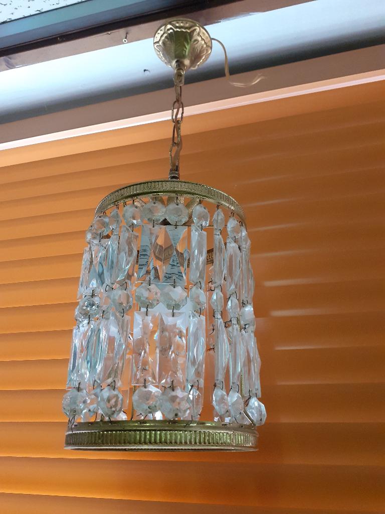 Jaren 60 70 design hanglamp goudkleurig geslepen glas retro, Gebruikt, ?, Glas, Minder dan 50 cm