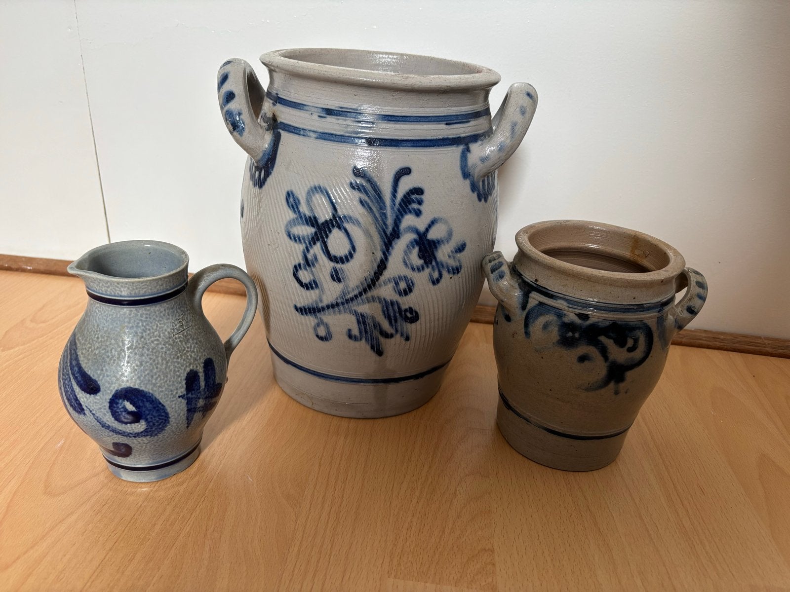 Set van 3 Vintage Keramische Potten/Kruiken - Blauw/Grijs, Antiek en Kunst, Ophalen of Verzenden