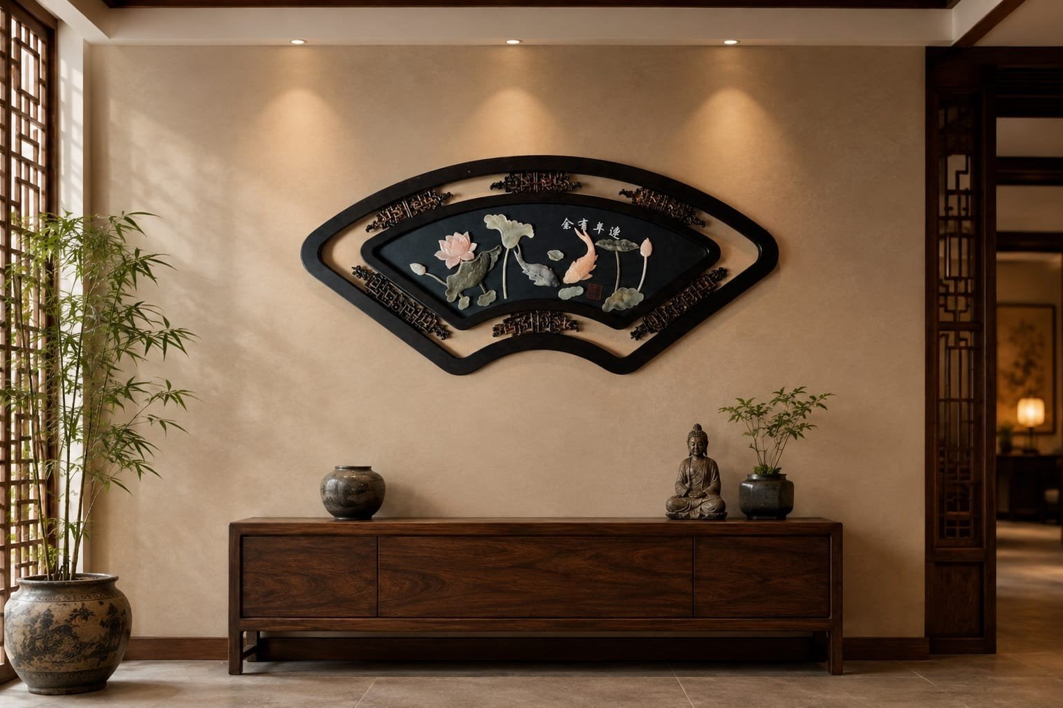 Chinees wanddecoratie met vissen en lotusbloemen, Hout, Wanddecoratie, Handgemaakt, Ophalen of Verzenden