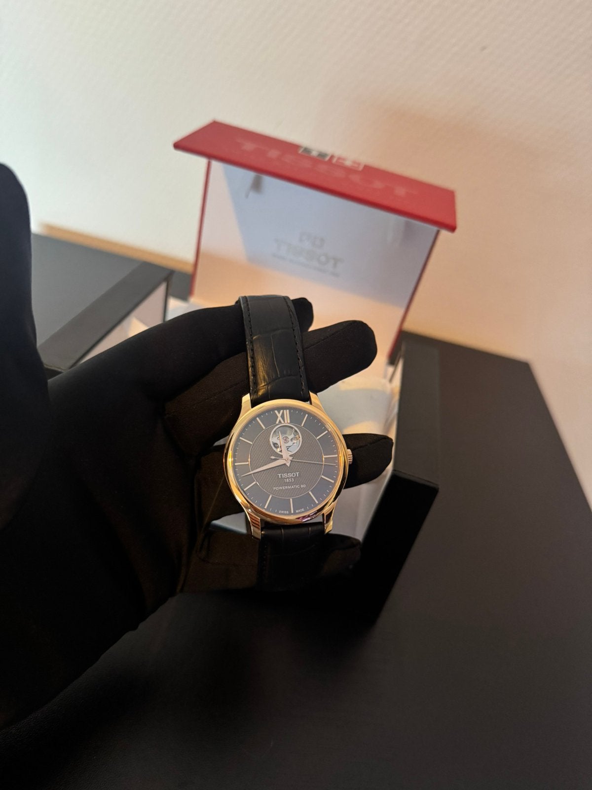 Tissot Tradition Powermatic 80 Open Heart Rose Gold, Ophalen of Verzenden, Zo goed als nieuw, Leer, Overige merken