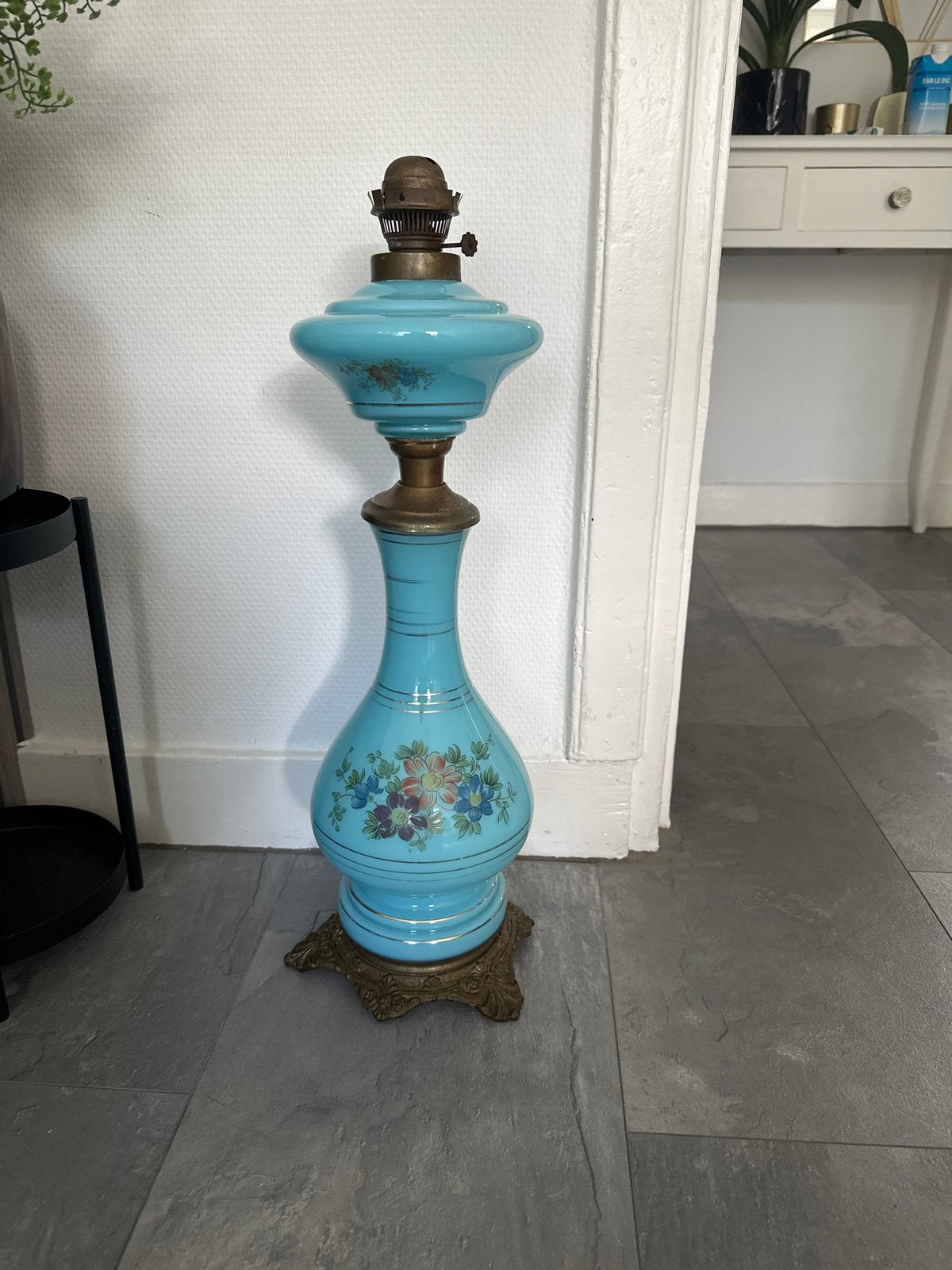 Vintage Olie Lamp - Turquoise met Bloemen, Ophalen of Verzenden