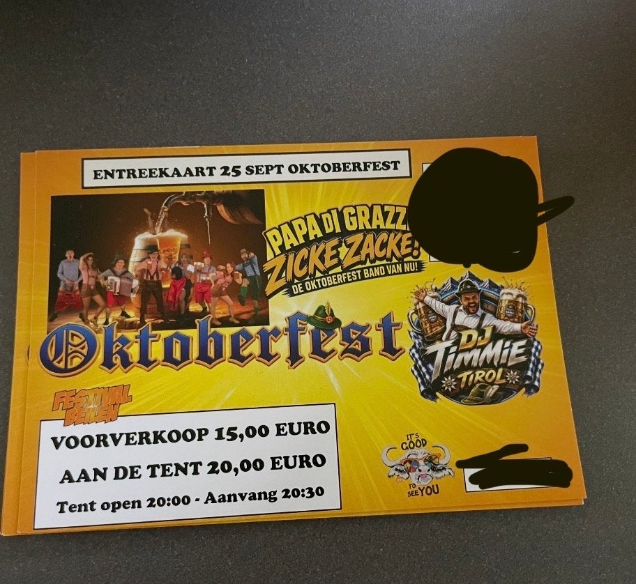 4x Entreekaarten oktoberfest Beilen, Tickets en Kaartjes, Twee personen, September