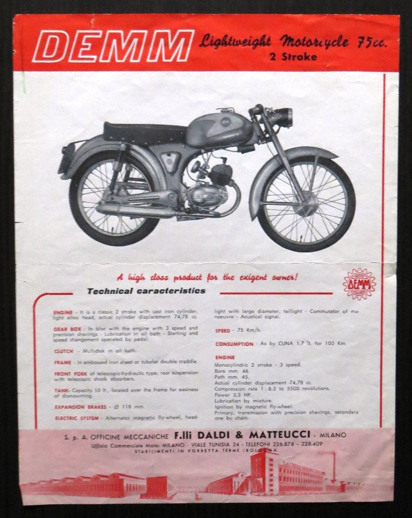 Flyer DEMM 75 cc - 1962 - 2 blz (Engels/Frans), Verzenden, Overige merken