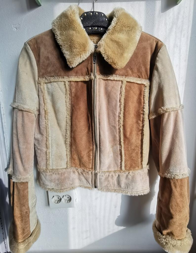 Vintage y2k leren jack S / M patchwork boohoo hippie, Bruin, Ophalen of Verzenden, Zo goed als nieuw, Vintage