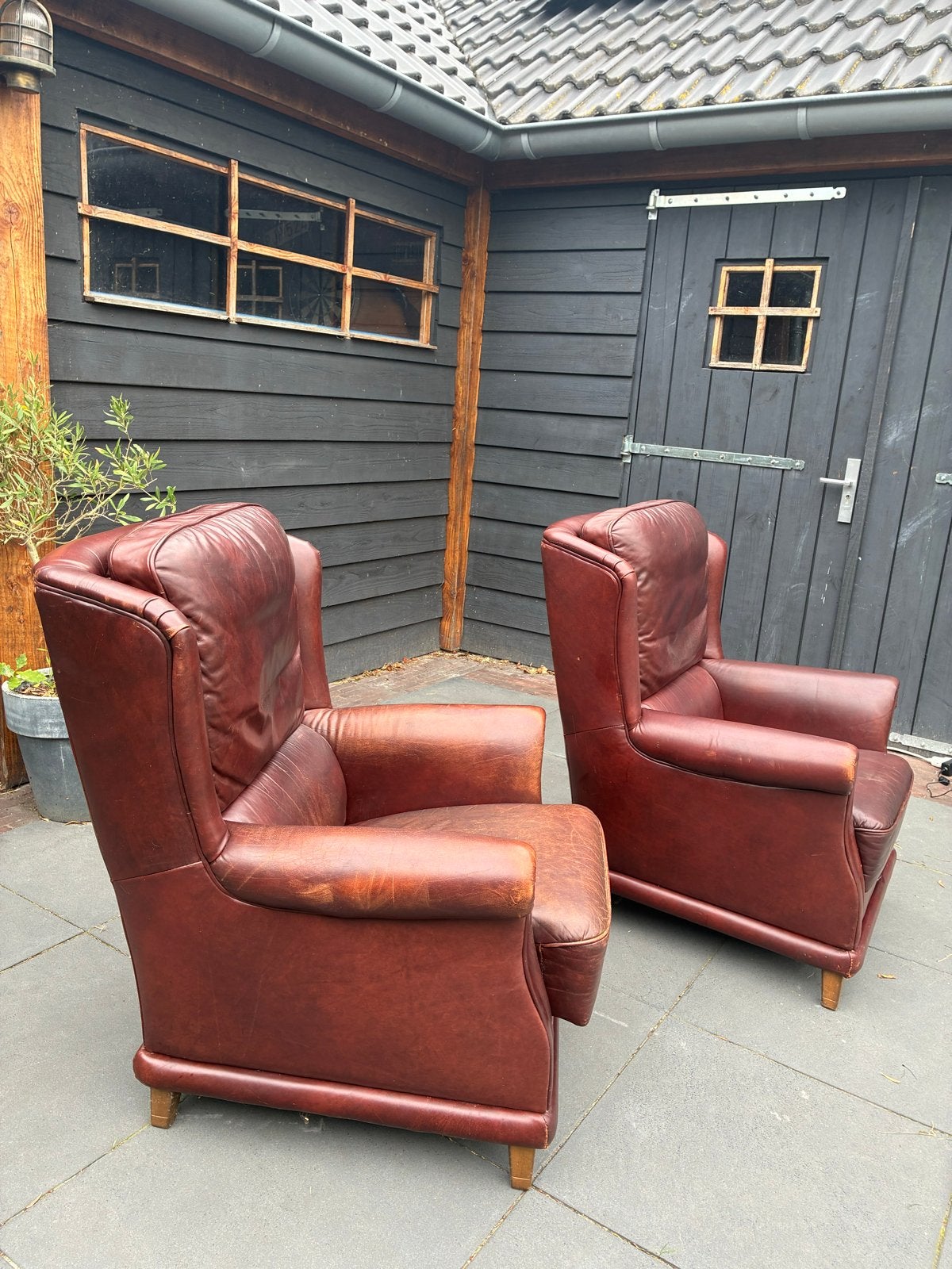 Set van 2 Vintage Leren Fauteuils/ stoelen- Cognacbruin, Huis en Inrichting, Fauteuils, Ophalen, Gebruikt, Leer, 75 tot 100 cm