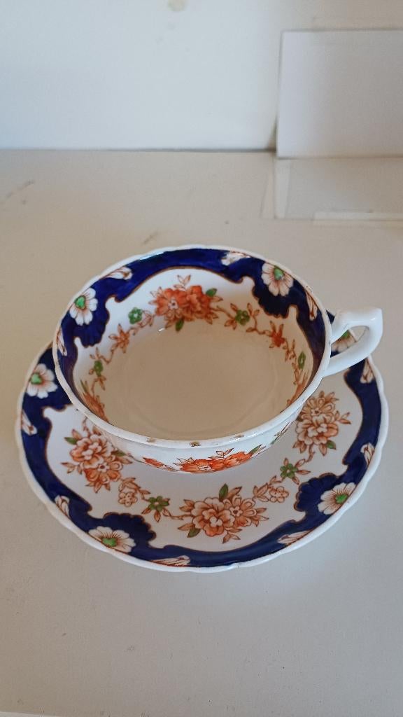Antiek kop en schoteltje met blauw/oranje Plant Tuscan China, Ophalen