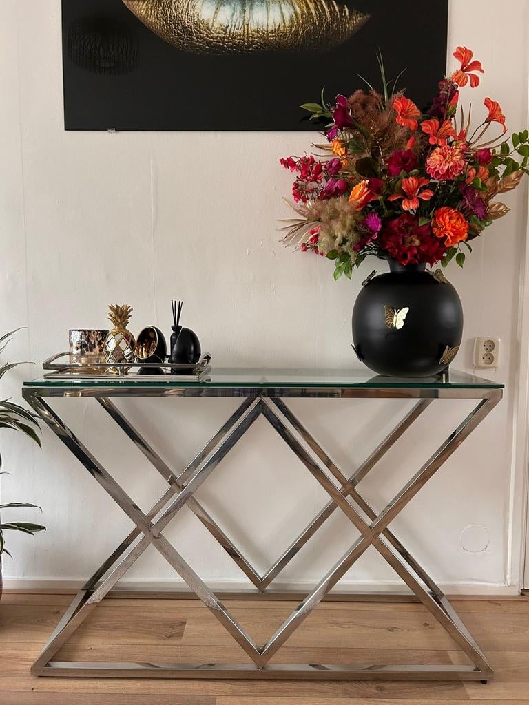 Sidetable crome/ glas, Huis en Inrichting, Tafels | Sidetables, 100 tot 150 cm, Ophalen of Verzenden, Glas, 25 tot 50 cm