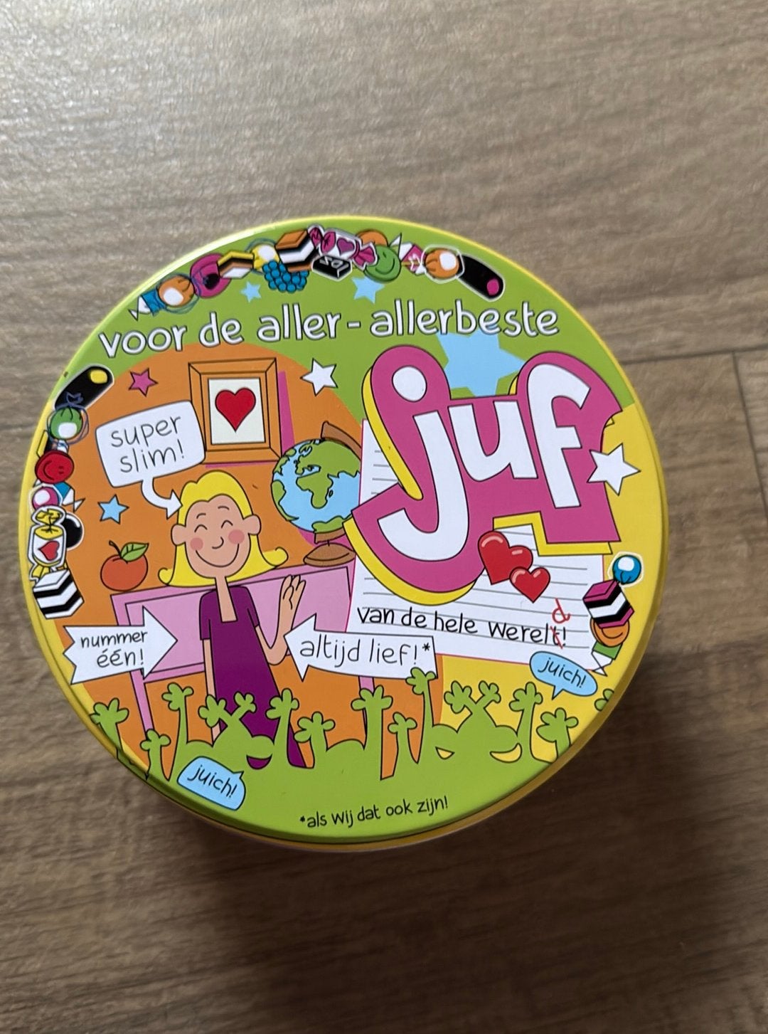 Trommel blik allerbeste juf, Verzamelen, Blikken, Ophalen of Verzenden, Zo goed als nieuw, Overige