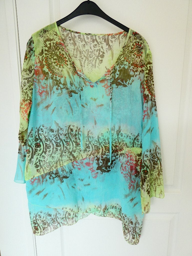 Vrolijke tuniek in aqua en lime, maat 48, Kleding | Dames, Ophalen, Zo goed als nieuw, Maat 46/48 (XL) of groter, Meerkleurig