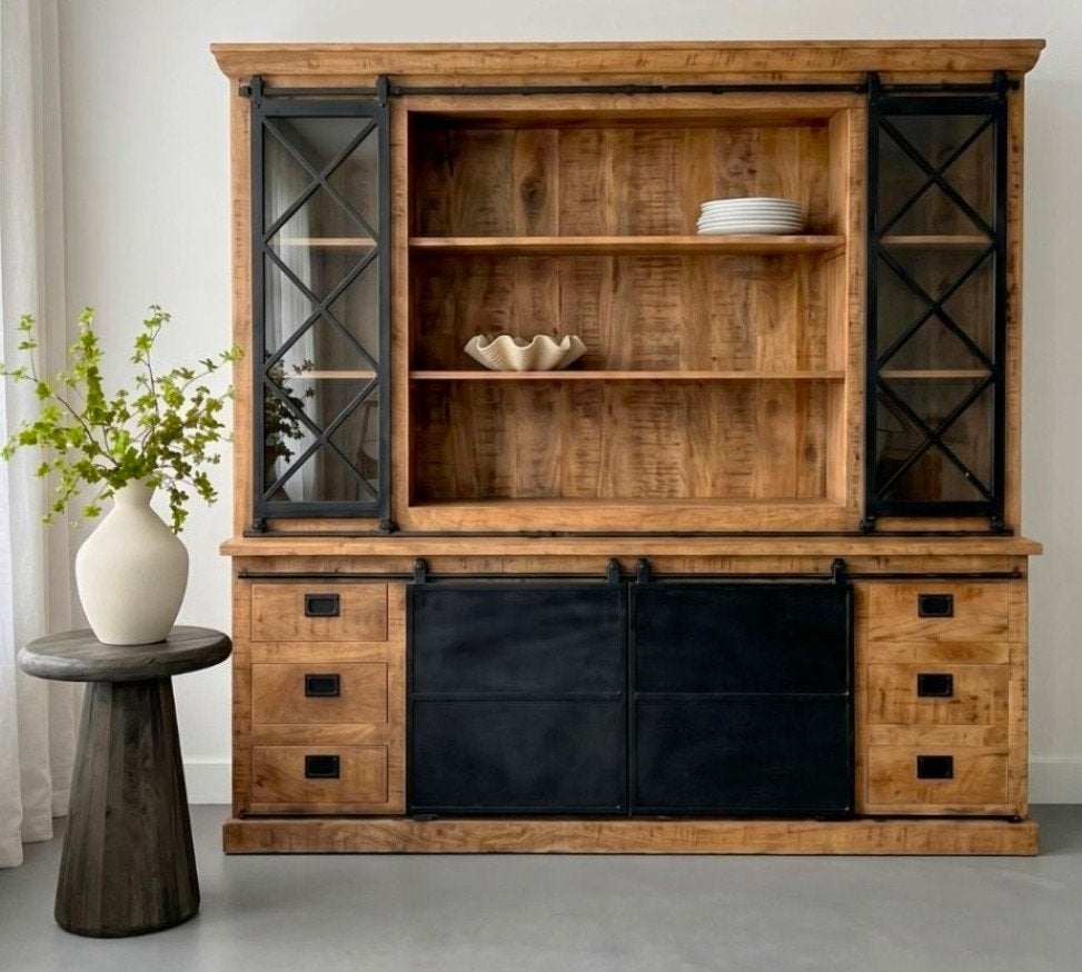 Robuuste industriële kast 200x50x220 cm met schuifdeuren, Huis en Inrichting, Ophalen, Met deur(en), Zo goed als nieuw, Overige houtsoorten