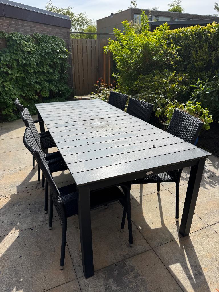 Tuintafel, uitschuifbaar, met 8 stoelen gebruikt, Tuin en Terras, Ophalen, Overige materialen, Gebruikt, Rechthoekig