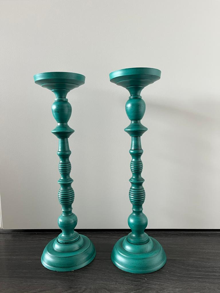 Groene metalen VT Wonen hoge kandelaar , 2 stuks, 46cm hoog, Ophalen of Verzenden, Zo goed als nieuw, Metaal