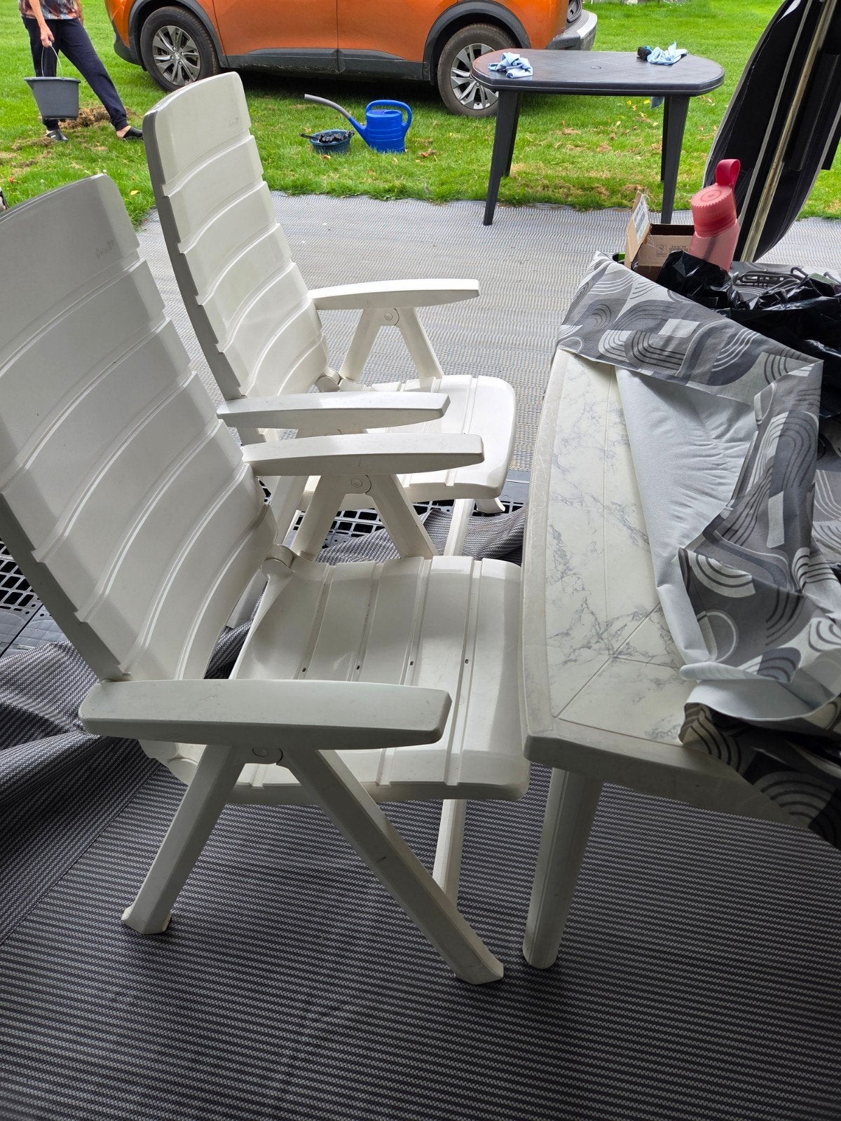 Kunststof tuinset met 4 stoelen en tafel, Tuin en Terras, Ophalen, Gebruikt, Kunststof