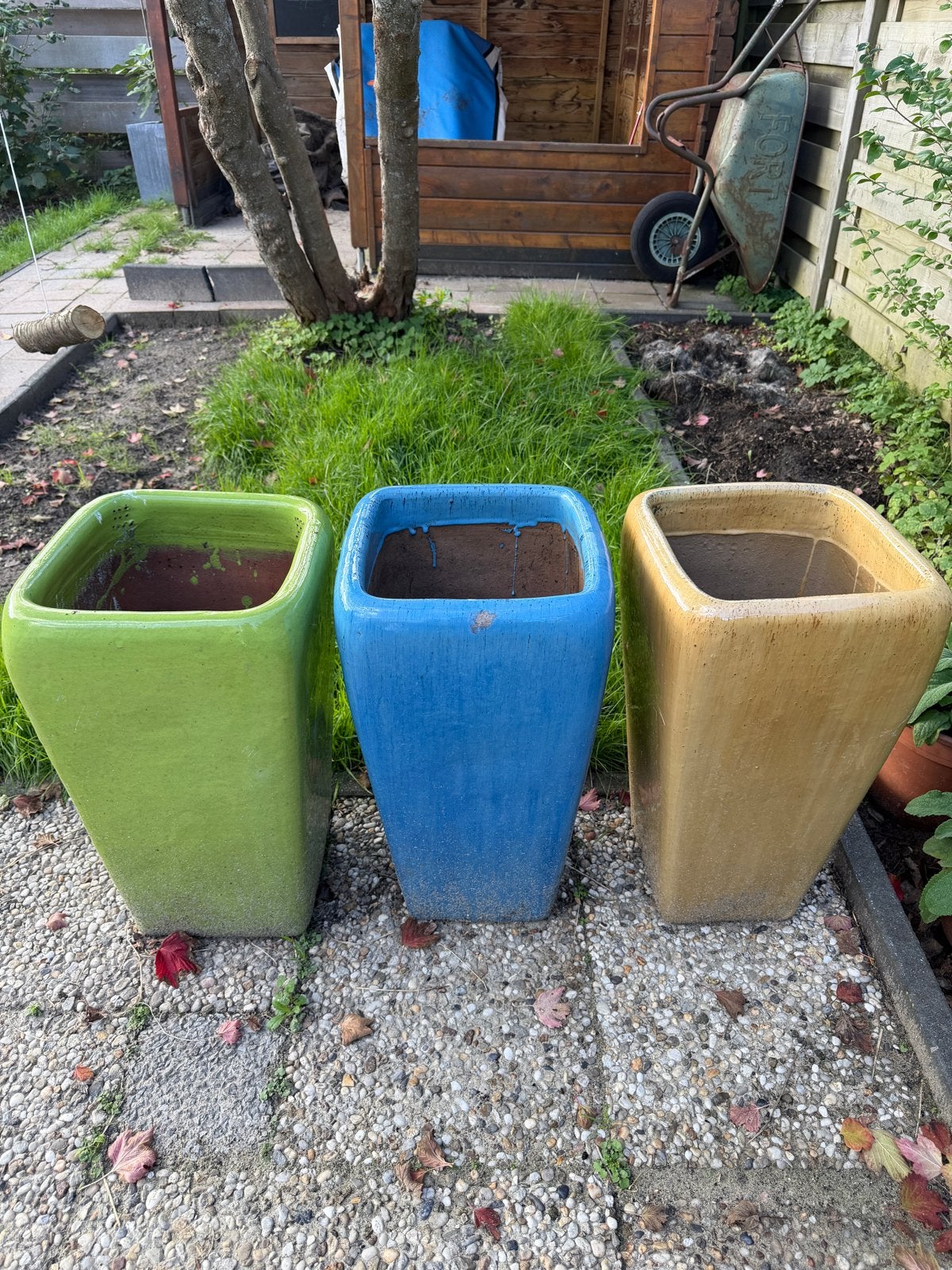 Set van 3 gekleurde bloempotten voor de tuin, Tuin en Terras, Gebruikt, Vierkant, Tuin, 40 tot 70 cm