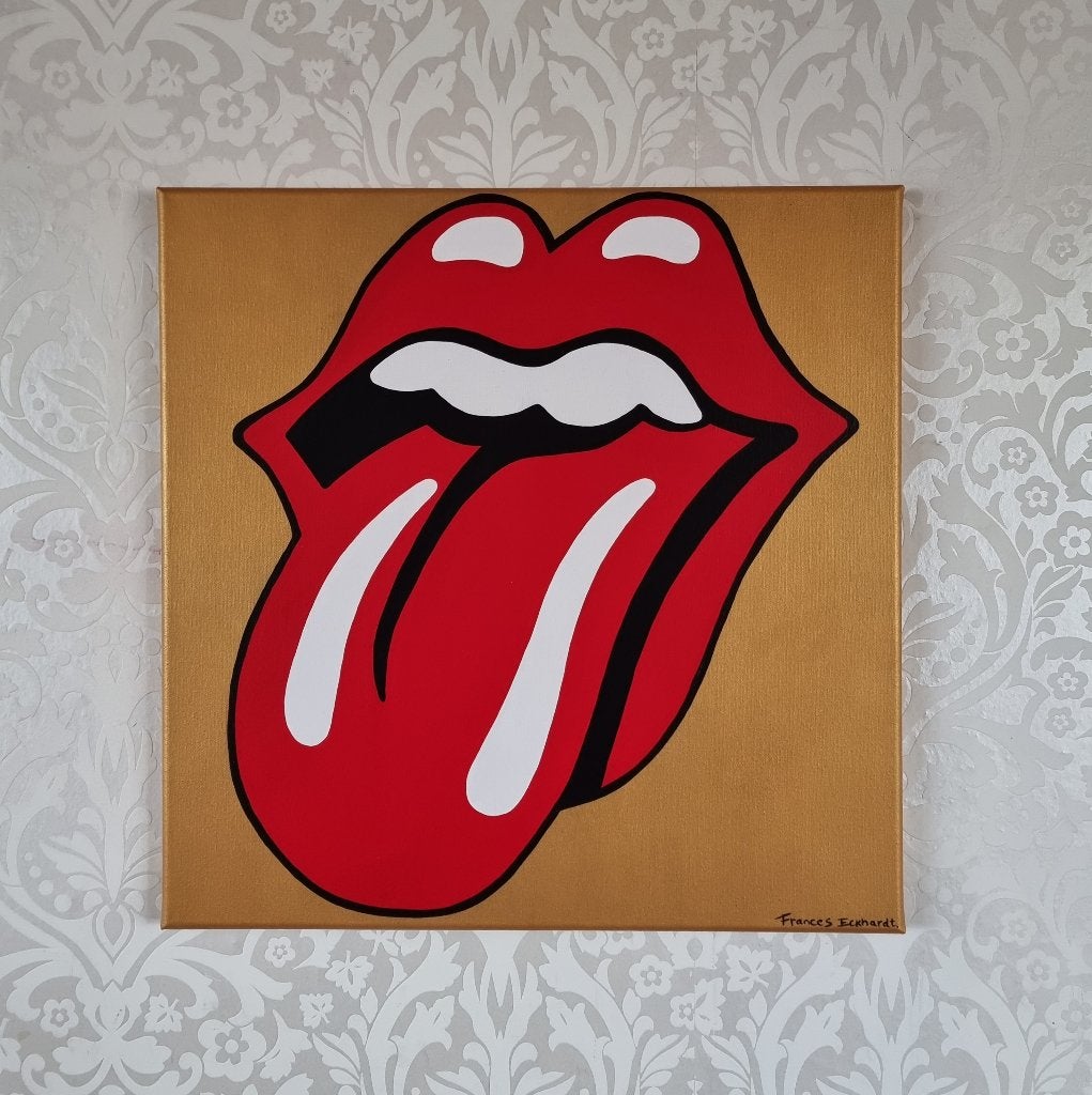 The Rolling Stones canvas handgeschilderd 50x50 cm goud, Verzenden, Handgeschilderd, Acrylverf, Muziek