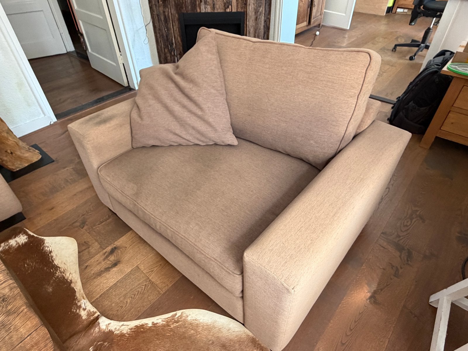 Loveseat 1,5 zitsbank taupe stof, Ophalen, Gebruikt, Overige maten, 75 tot 100 cm