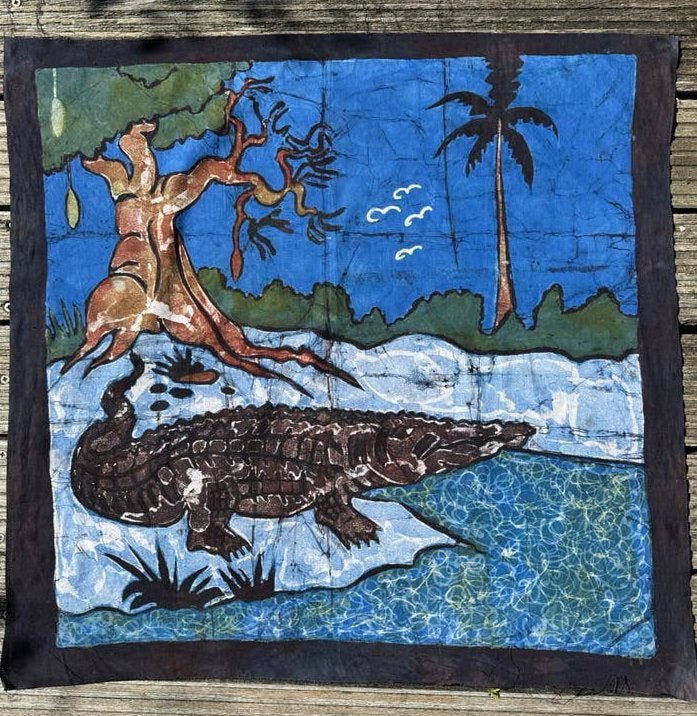 Handgemaakt Afrikaans Batik Wandkleed – Krokodil (Gambia), Ophalen of Verzenden