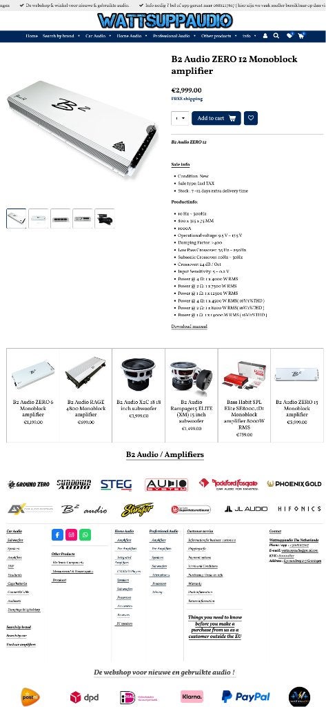 B2 Audio ZERO 12 Monoblok versterker  12500 W RMS, ., Nieuw, Ophalen of Verzenden, Plantevej 35, 2870 Dyssegaard, Denmark