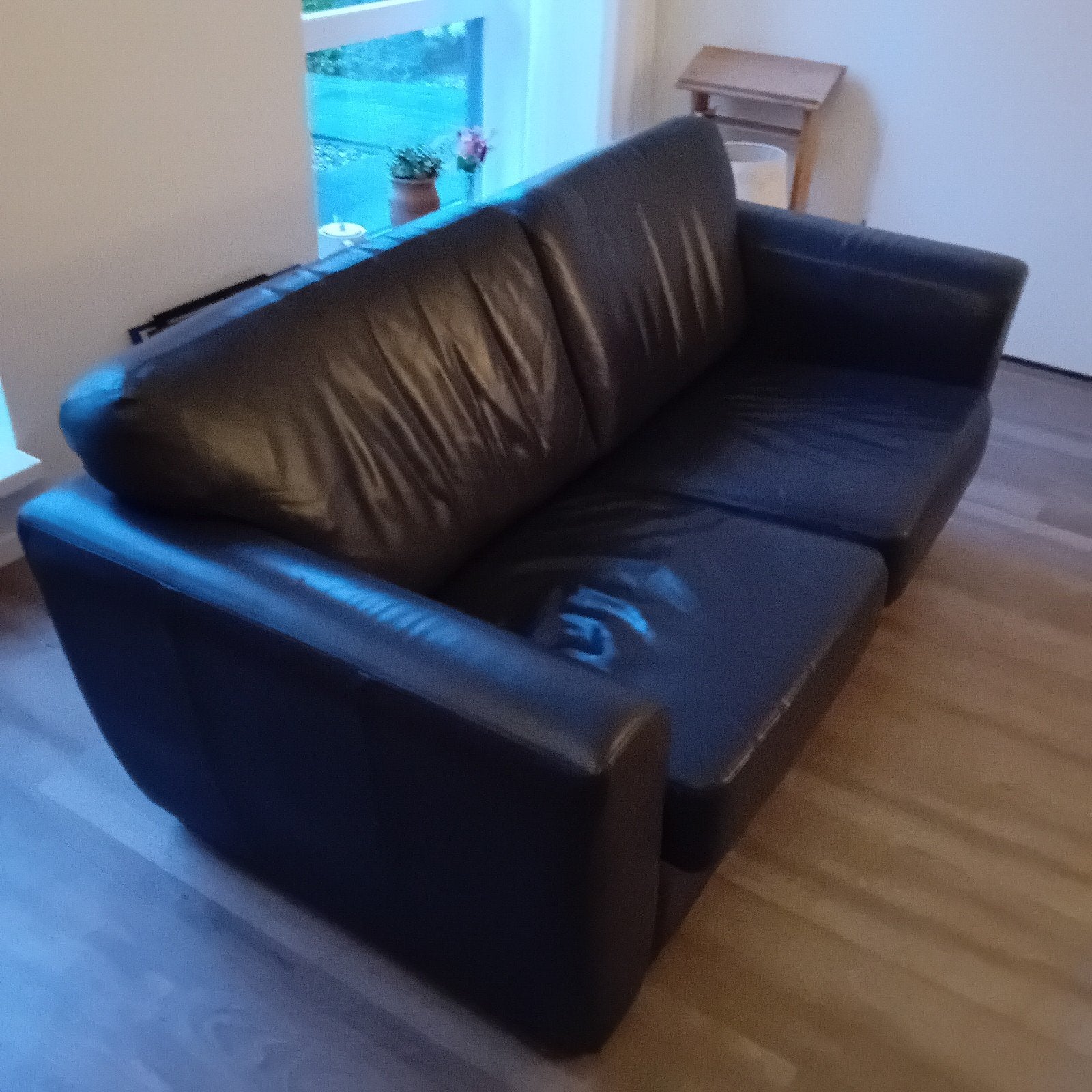 Tweezits leren bankje, blauw- 1.75m breed, Ophalen, Gebruikt, 150 tot 200 cm, Tweepersoons