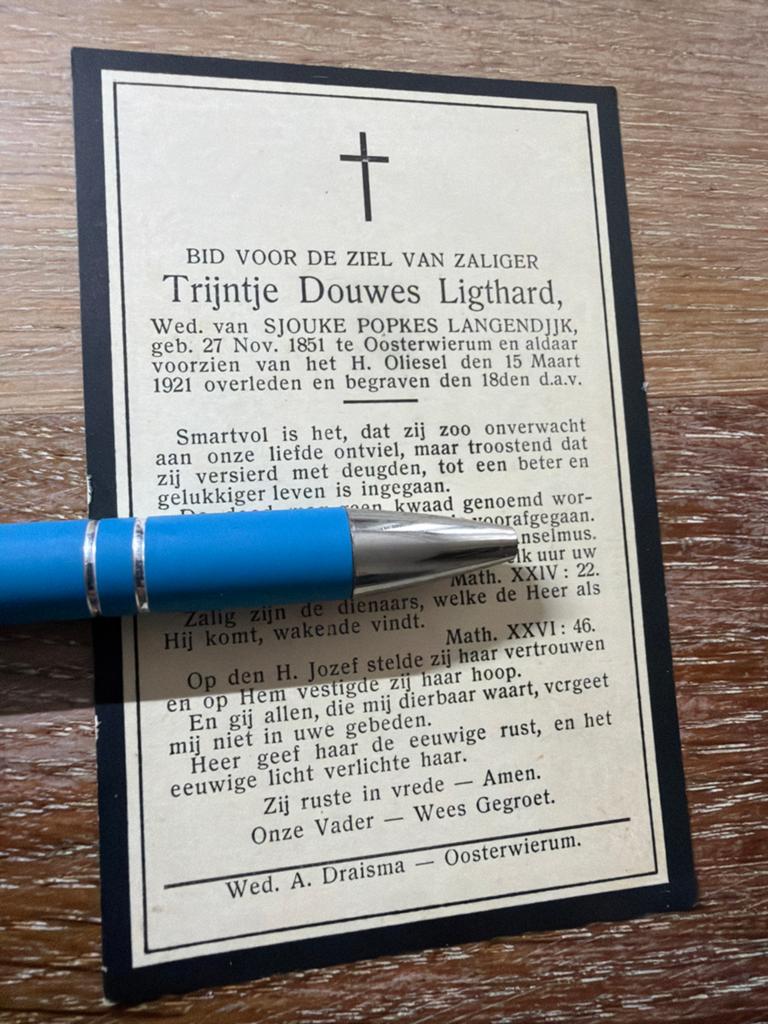 Ligdhart Trijntje 1851 Oosterwierum 1921 x Langendijk, Ophalen of Verzenden, Bidprentje