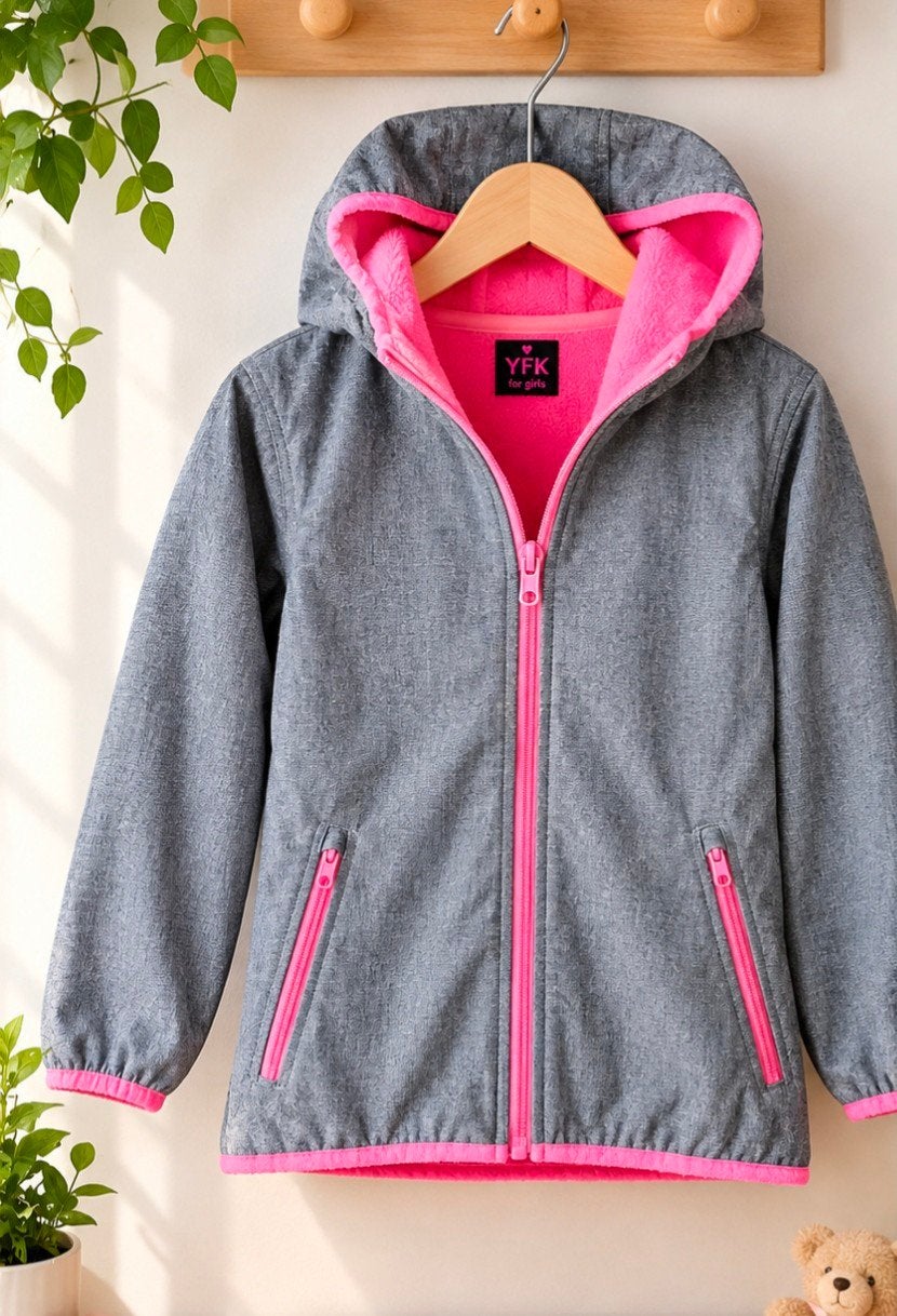 Blauwe softshell jas met roze voering voor meisjes, Gebruikt, Meisje, YFK, Ophalen of Verzenden