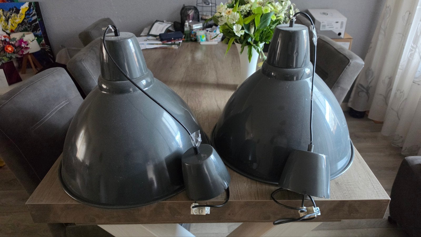 Set van 2 industriële hanglampen - Grijs metaal, Gebruikt, Metaal, Industrieel, E27 (groot)