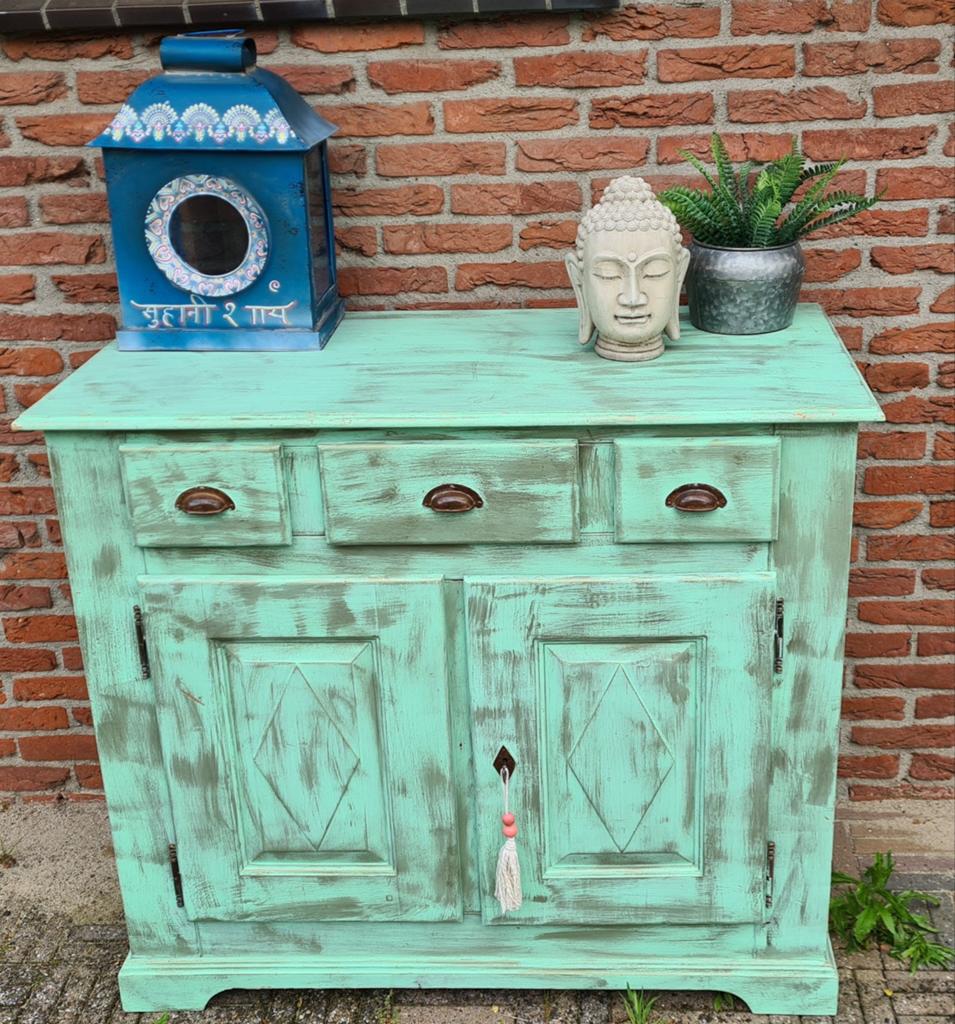 Ibiza boho dressoir buffetkast zeegroen turquoise vintage, Huis en Inrichting, Kasten | Dressoirs, Ophalen, Ibiza bohemian shabby chic