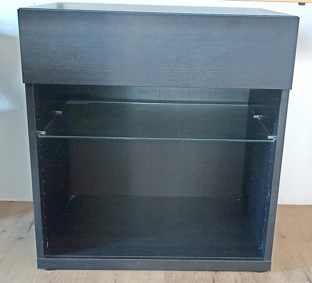 Zwart stereo meubel met lade en glazen plaat, Ophalen, Gebruikt